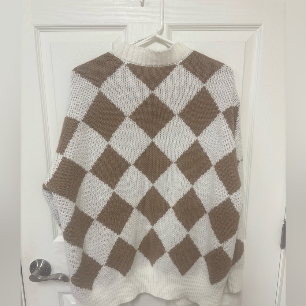 Garage Argyle Button-Up Cardigan Sweater in Cream & Brown - Picture 2 of 2